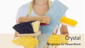  Presentation with rubber gloves - Presentation consisting of woman in apron and rubber gloves holding brushes and mops background and a yellow colored foreground
