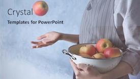  Presentation with apron - PPT layouts with woman in apron holding colander with juicy apples on blue background closeup background and a light blue colored foreground