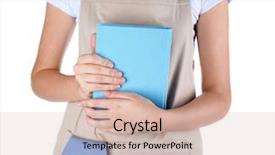  Presentation with cookbook - PPT layouts with woman in apron holding cookbook on white background closeup background and a soft green colored foreground