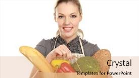  Presentation with grocery bag - Audience pleasing slide set consisting of woman in apron holding grocery bag isolated on white background backdrop and a coral colored foreground