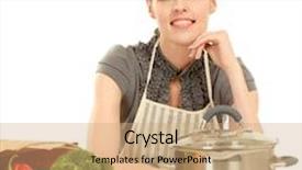  Presentation with grocery bag - Slides with woman in apron with grocery bag isolated on white background background and a coral colored foreground