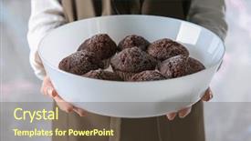  Presentation with muffins - Slide deck with woman in apron with muffins on light background closeup background and a tawny brown colored foreground