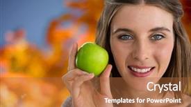  Presentation with multicolored autumn leaves orange yellow red - Amazing theme having woman in autumn with apple backdrop and a  colored foreground