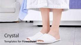  Presentation with wooden floor and gold frame - Presentation with woman in bathing slippers background and a light gray colored foreground