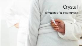  Presentation with pregnancy - Presentation theme having woman in bathrobe hiding pregnancy test from man in bathroom background and a light gray colored foreground