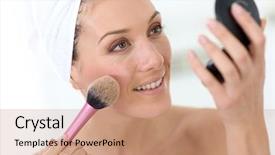  Presentation with makeup fashion model applying lipstick - Colorful presentation design enhanced with woman in bathroom applying makeup backdrop and a coral colored foreground