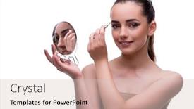  Presentation with cosmetics beauty - Cool new slides with woman in beauty concept applying make up using cosmetics backdrop and a soft green colored foreground