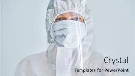 Presentation with hazard - Presentation design with woman-in-bio-hazard-suit background and a light gray colored foreground