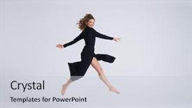  Presentation with black woman - PPT layouts enhanced with woman in black dress jump background and a light gray colored foreground