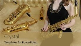  Presentation with wind instruments - Presentation enhanced with woman in black dress sits with sax on bed with wind instruments noface background and a yellow colored foreground