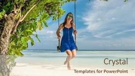  Presentation with tropical - Slide set with woman in blue dress swinging at tropical beach background and a cream colored foreground