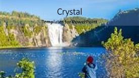  Presentation with waterfall woman - Presentation theme consisting of woman in blue jacket with enthusiasm photographs waterfall montmorency in montmorency falls park the concept of active and cultural tourism background and a light blue colored foreground