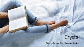  Presentation with of blue jeans denim - Beautiful presentation theme featuring woman in blue jeans reading backdrop and a light blue colored foreground