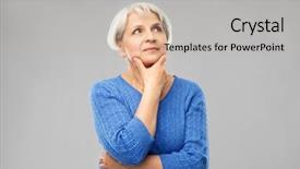  Presentation with decision making - Presentation enhanced with woman in blue sweater thinking background and a light gray colored foreground