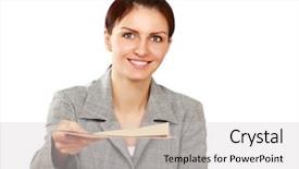  Presentation with application - Slide deck enhanced with woman in business giving job application isolated on white background background and a light gray colored foreground