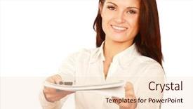  Presentation with application - Amazing presentation design having woman in business giving job application isolated on white background backdrop and a lemonade colored foreground