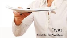  Presentation with application - PPT layouts with woman in business giving job application isolated on white background background and a lemonade colored foreground