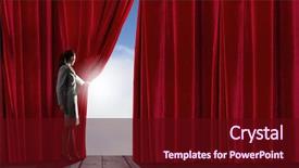  Presentation with curtain opening - Colorful presentation enhanced with woman in business suit opening backdrop and a wine colored foreground