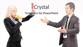  Presentation with whistle - Slide deck with woman in business suit showing a red card and blowing a whistle to a man in a business suit isolated on white background background and a sky blue colored foreground