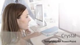  Presentation with business training - Presentation design with woman in business training sitting in front of desktop background and a light gray colored foreground