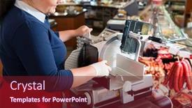  Presentation with butcher shop - Audience pleasing theme consisting of woman in butcher shop cutting bacon or ham with machine backdrop and a tawny brown colored foreground