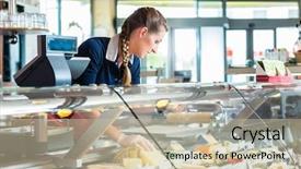  Presentation with butcher shop - Presentation design consisting of woman in butcher shop putting background and a soft green colored foreground