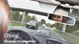  Presentation with rear view mirror - Presentation theme having woman in car binnacle looking background and a gray colored foreground