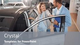  Presentation with car buying - Presentation theme with woman-in-car-showroom background and a gray colored foreground
