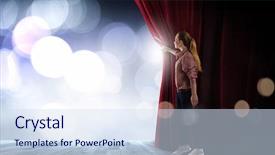  Presentation with curtain opening - Presentation theme enhanced with woman in casual opening stage background and a sky blue colored foreground