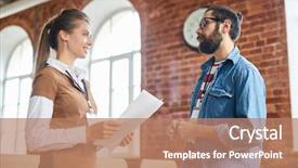  Presentation with financial market - Presentation theme enhanced with woman in casualwear discussing features background and a coral colored foreground