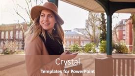  Presentation with text message - Presentation design featuring woman-in-city-park-waiting background and a coral colored foreground