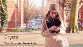  Presentation with text message - Amazing presentation design having woman-in-city-park-waiting backdrop and a coral colored foreground