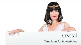  Presentation with costume - Presentation theme having woman in cleopatra costume with blank board ready for text background and a sky blue colored foreground