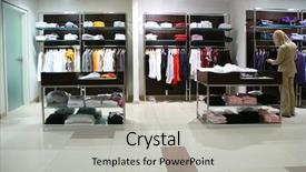  Presentation with ladies clothing - Colorful theme enhanced with women shopping inside store - woman in clothing department backdrop and a light gray colored foreground