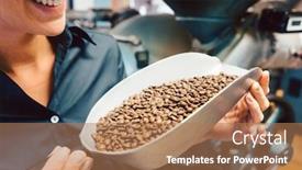  Presentation with coffee beans - PPT theme enhanced with woman-in-coffee-roastery background and a coral colored foreground