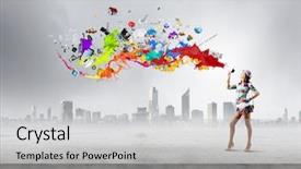  Presentation with public speaking - Presentation theme consisting of woman in colored dress speaking background and a light gray colored foreground