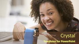  Presentation with computer room - Slide deck enhanced with woman-in-computer-room-using background and a tawny brown colored foreground