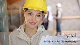  Presentation with professional training - PPT theme having woman in construction professional training background and a mint green colored foreground