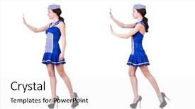  Presentation with woman pushing shopping trolley - Cool new slides with woman in costume pushing virtual backdrop and a white colored foreground