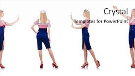  Presentation with virtual - Presentation design featuring woman in costume pushing virtual background and a sky blue colored foreground