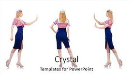  Presentation with costume - Slide set featuring woman in costume pushing virtual background and a pink colored foreground