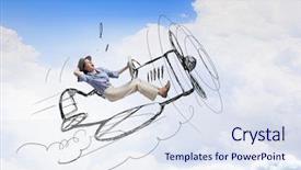  Presentation with airplane - PPT theme featuring woman in drawn airplane mixed background and a sky blue colored foreground