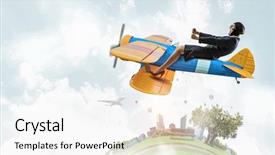  Presentation with airplane - PPT theme enhanced with woman in drawn airplane mixed background and a  colored foreground