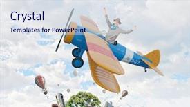  Presentation with airplane - Slides enhanced with woman in drawn airplane mixed background and a  colored foreground