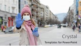  Presentation with corona virus - PPT layouts featuring woman-in-empty-lockdown-city background and a light gray colored foreground