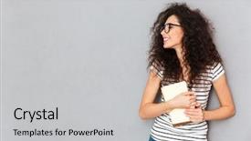  Presentation with eyeglasses - Slide set consisting of woman in eyeglasses holding book background and a light gray colored foreground