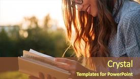  Presentation with eyeglasses - Theme enhanced with woman in eyeglasses reading book background and a tawny brown colored foreground