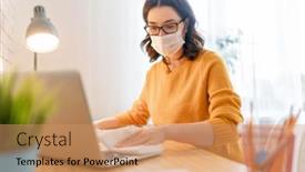  Presentation with home office - PPT layouts consisting of woman-in-facemask-working background and a coral colored foreground