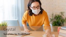  Presentation with home office - PPT theme featuring woman-in-facemask-working background and a coral colored foreground