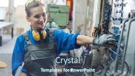  Presentation with factory - Theme having woman-in-factory-grabbing-tool background and a ocean colored foreground